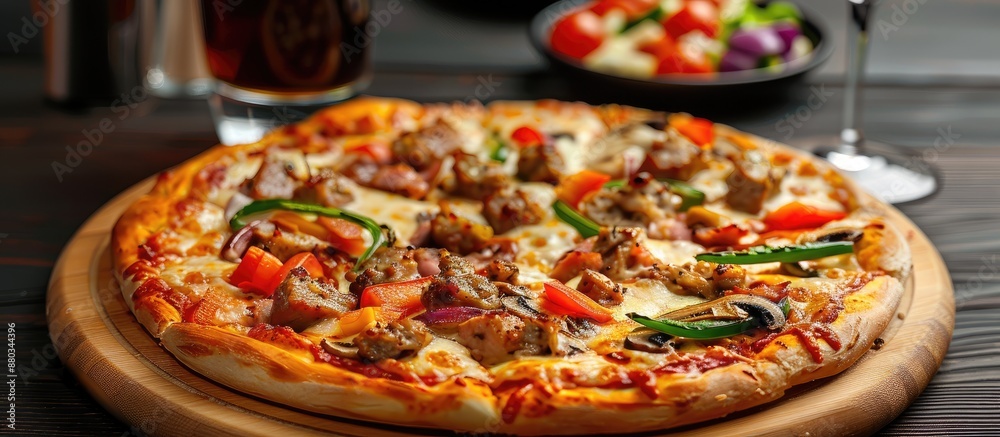 Poster chef s special pizza featuring a delectable combination of meat and vegetables embodying a unique di