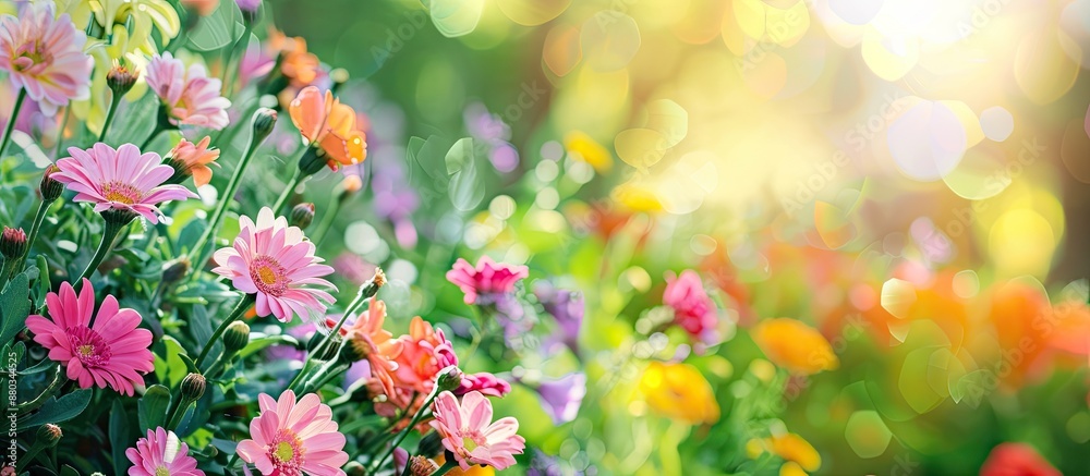 Poster Floral display during spring showcasing vibrant blossoms in a garden setting with ample copy space image