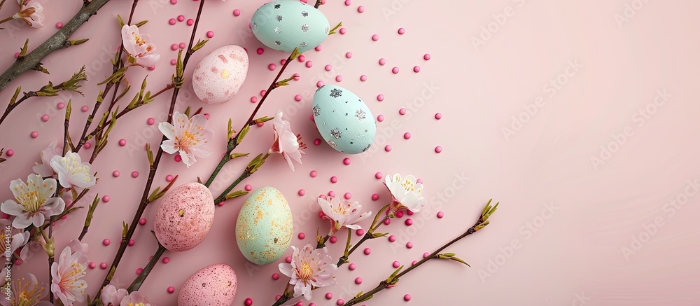 Leinwandbilder create an easter themed card design featuring willow twigs easter eggs and flowers against a backgro