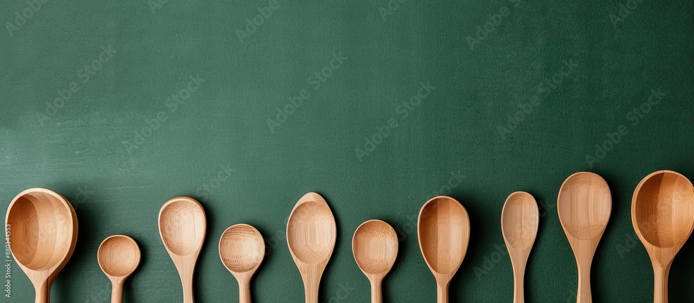 Poster wooden spoons arranged on a green backdrop showcasing eco friendly items from above with copy space 