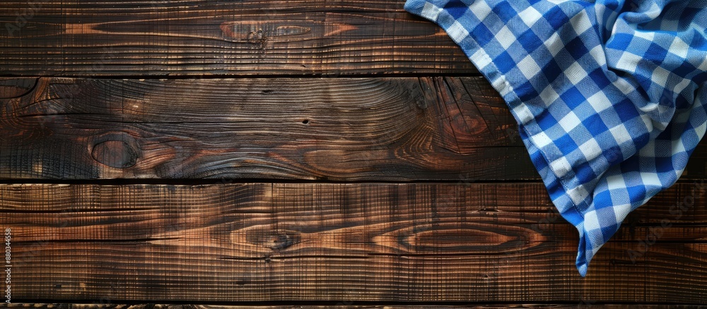 Poster Aerial view of a dark wooden table adorned with a blue checkered tablecloth featuring ample copy space for customization