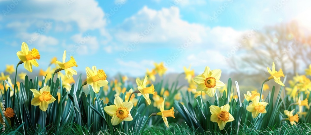 Poster Field of daffodils with space for text in image. with copy space image. Place for adding text or design