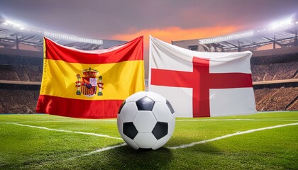 Naklejka premium Spain flag England flag with football in a stadium for the European Championship Finale Game