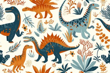 Scenic rural landscape with rolling hills, green fields, and a clear blue sky, A playful pattern of dinosaurs in a prehistoric setting, AI generated