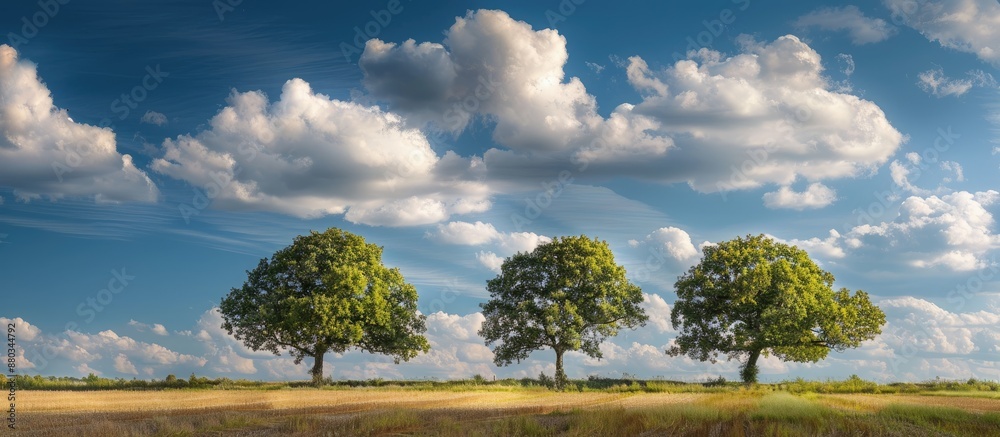 Poster Scenic landscape with trees in a field set against a cloudy blue sky perfect for a copy space image