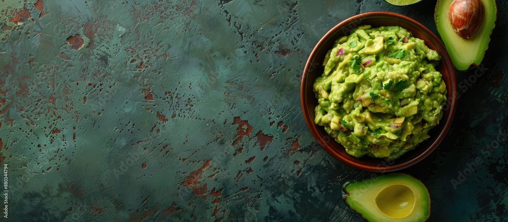 Aufkleber Avocado half and guacamole in a bowl on a vintage background viewed from the top with space for text or images. with copy space image. Place for adding text or design