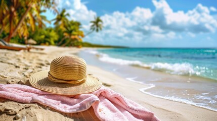 Straw Hat and Towel on a Sunny Beach