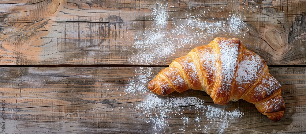 Aufkleber A single croissant dusted with powdered sugar on a rustic wooden surface with space for your text in the image Seen from above. with copy space image. Place for adding text or design