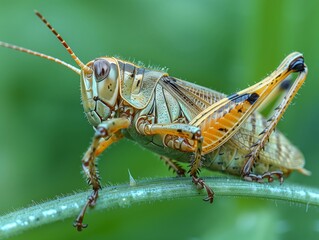 Fototapeta premium Close-up of a Grasshopper's Legs- Zoom in on the legs of a grasshopper as it perches on a blade of grass