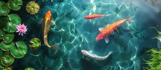 Clear pond with golden carp vibrant fish swimming in the water perfect for aquatic copy space image