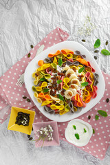 Sweet dinner pasta white cheese fruit