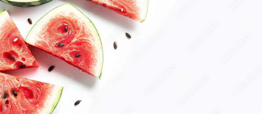 Fototapete freshly sliced red watermelon displayed in a close up shot on a white background providing ample cop