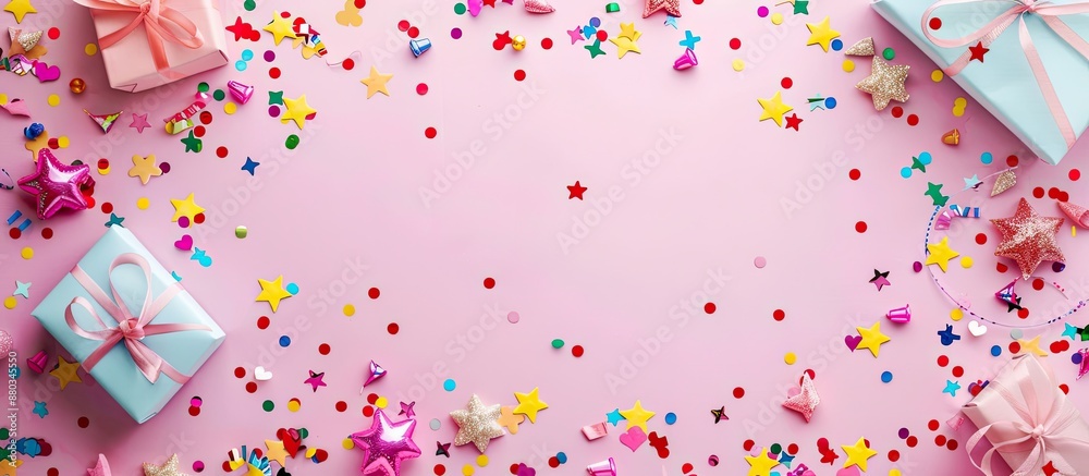 Poster happy birthday or party greeting card with a festive frame featuring a pink background colorful conf
