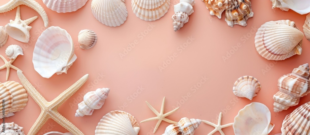 Aufkleber Seashells arranged in a top view on pastel colored paper with copy space image