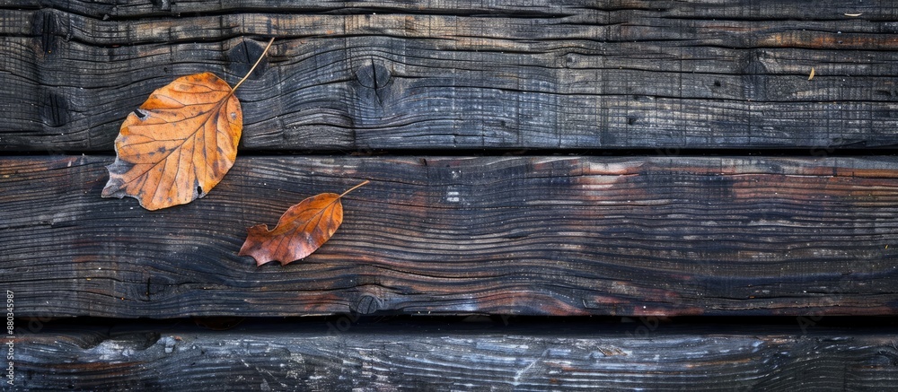 Poster a fall themed picture featuring a dry leaf on a wooden backdrop with ample copy space image