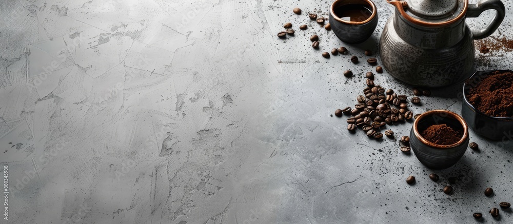 Poster Coffee brewing pot and beans on concrete background with ample copy space image