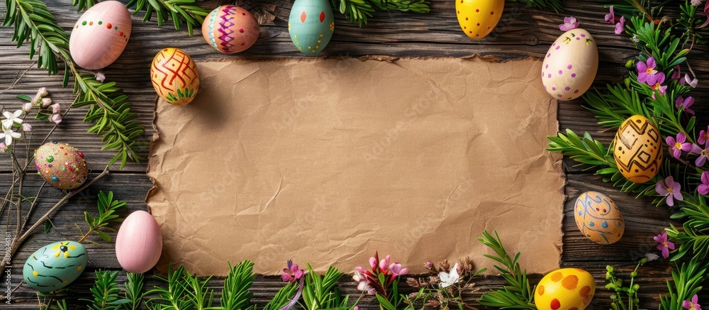 Aufkleber wooden background with easter decoration and blank note paper suitable for a copy space image