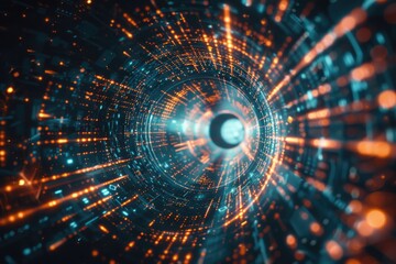 Obraz premium A futuristic tunnel with blue and orange hues, featuring a black hole in the center