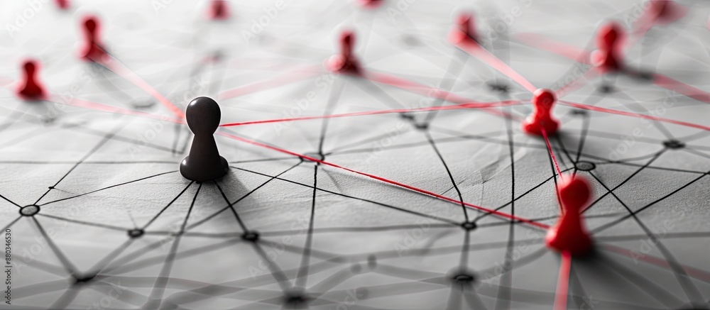 Aufkleber Connection between social media and a communications network shown in network simulation on white paper with a black nail and red thread linking entities creating a copy space image