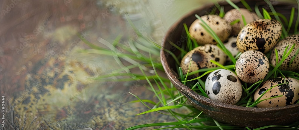 Leinwandbilder quail eggs displayed on grass in an asian culinary setting with plenty of copy space image
