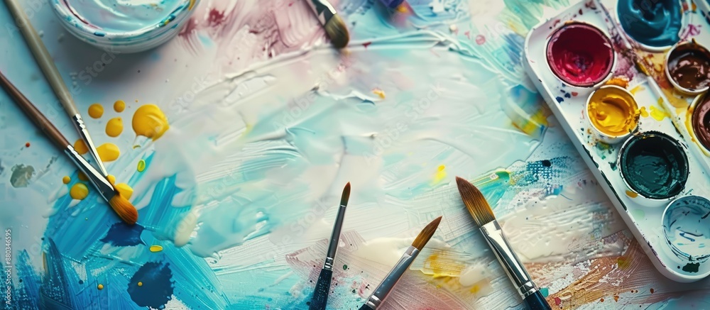 Aufkleber Artistic tools like watercolor paints and brushes are set up as a workspace for an artist to create a mock up with copy space image