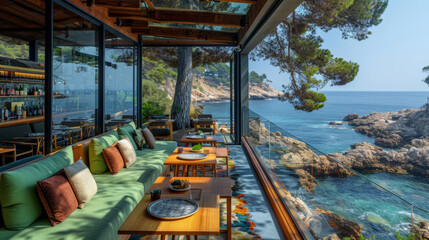 Fototapeta premium A modern restaurant with outdoor seating overlooking the sea, trees and rocks in spain. The sofa is soft pea green and there is a glass window on one side of it that shows an island view