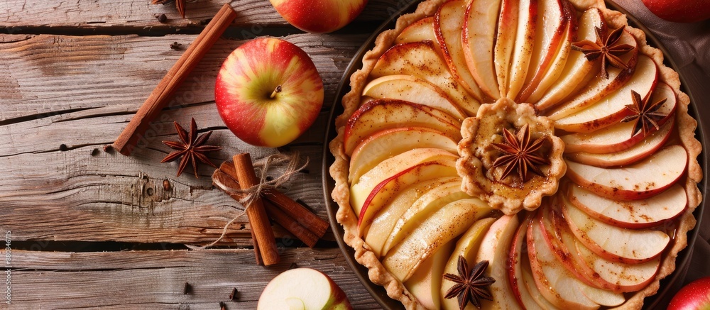 Aufkleber close up top view of a homemade fruit tart with golden crust featuring whole and halved apples cinna