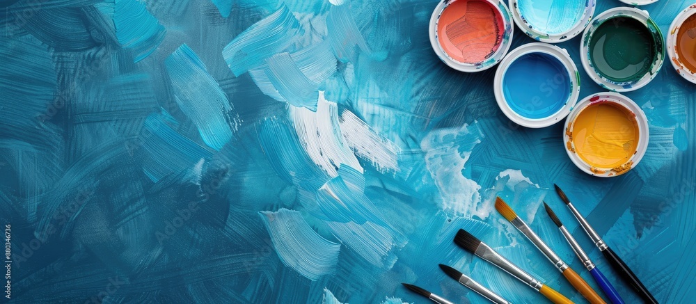 Poster close up of watercolor paints and brushes on a blue background with copy space image available