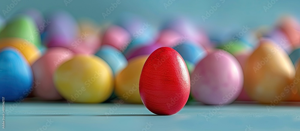 Aufkleber Group of assorted colored Easter eggs with a prominent red egg in the foreground providing copy space image