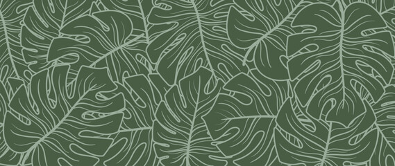 Green monstera leaf line art wallpaper background vector. Luxury natural hand drawn foliage pattern design in minimalist linear contour simple style. Design for fabric, cover, banner, invitation. © TWINS DESIGN STUDIO