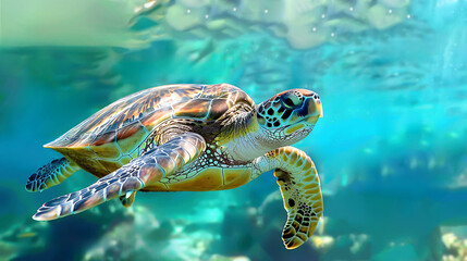Fototapeta premium A green sea turtle glides gracefully underwater in a tropical coral reef