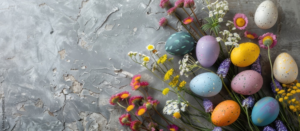 Poster Happy Easter A charming composition of naturally dyed colorful eggs and spring flowers on a rustic table displayed in a flat lay with copy space image
