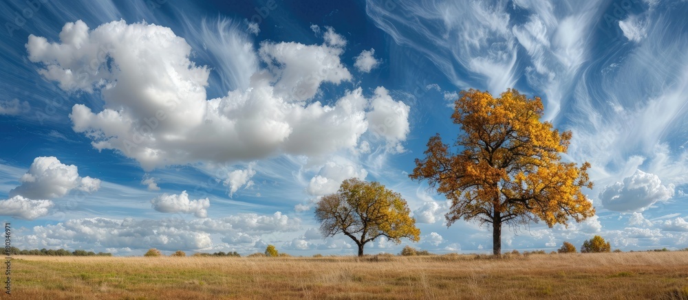 Poster Scenic landscape with trees in a field set against a cloudy blue sky perfect for a copy space image