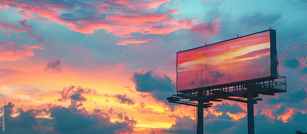Poster a billboard displaying a new advertisement against a stunning sunset sky for copy space image