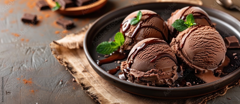 Aufkleber Chocolate ice cream with syrup on plate on dining table with copy space image