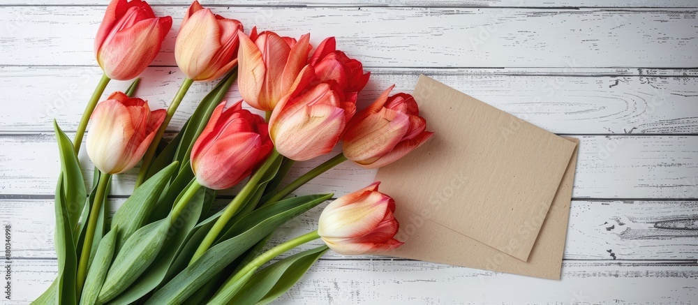Poster Top down view of a vibrant tulip arrangement next to a empty card on a clean white wooden surface ideal for a copy space image