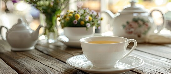 Enjoy a refreshing cup of yellow herbal tea in a classic white ceramic set on a vintage wooden table in a cozy cafe with an authentic high tea presentation and copy space image