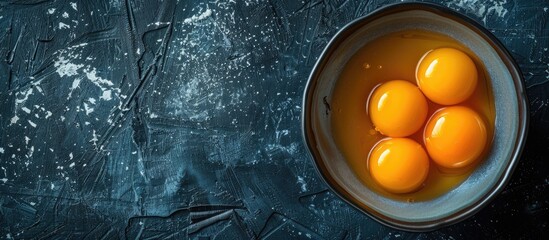 Dark and light raw egg yolks are used as health food concepts with copy space image