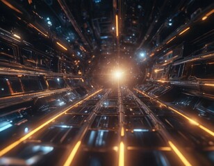Fototapeta premium Futuristic Tunnel With Orange Lights And A Bright Light At The End. Generative AI