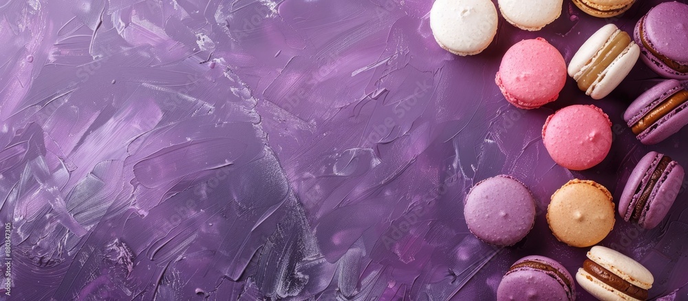 Leinwandbilder a top down image of a variety of macarons on a lively purple textured backdrop with copy space image
