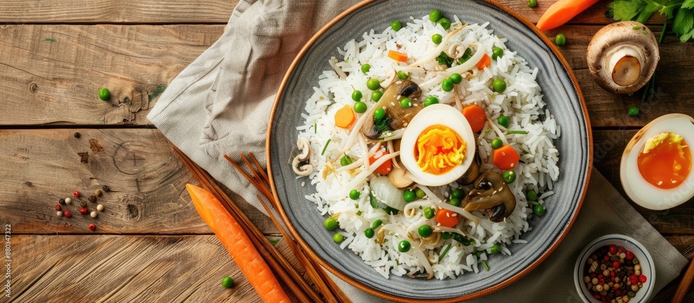 Poster a vegetarian asian style dish with soft boiled rice champignon mushrooms and carrots on a wooden tab