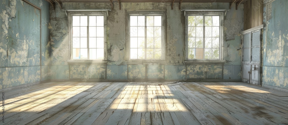 Poster an aged desolate room in an abandoned house lacking furniture bathed in light from the windows prese