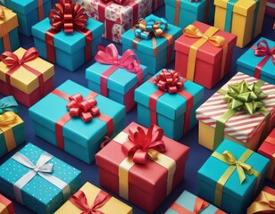 Obraz premium Colorful Wrapped Gift Boxes With Bows on Blue Surface. Generative AI