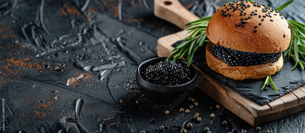 Poster a black caviar sturgeon sits in a dark bowl next to a sandwich on a wooden board on a black table wi