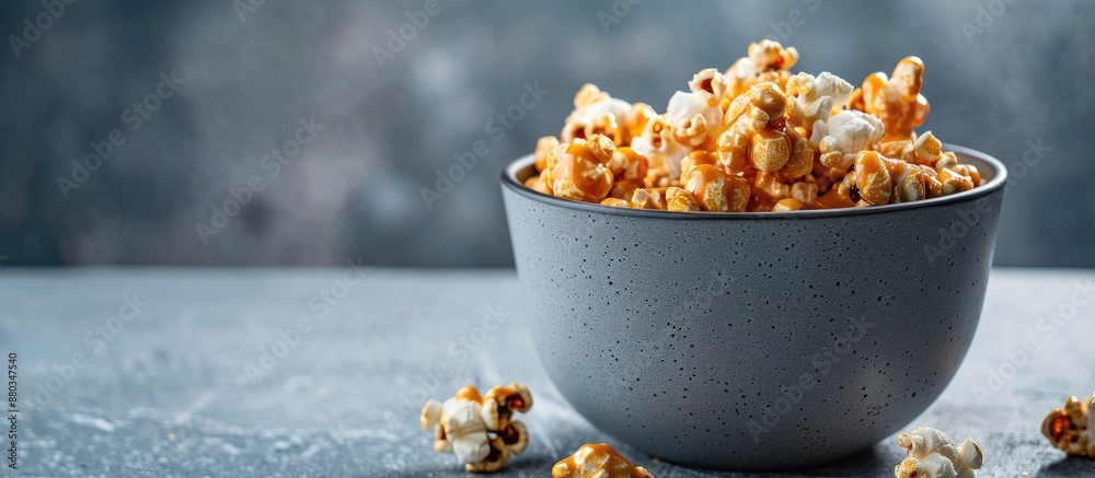 Leinwandbilder low angle view of a gray bowl filled with homemade caramel popcorn perfect for adding text with copy