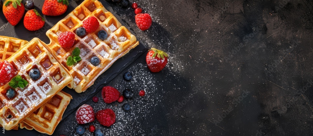 Poster A top view image presenting the menu concept of sumptuous Belgian waffles with a delectable sweet dessert snack creating an inviting background with copy space