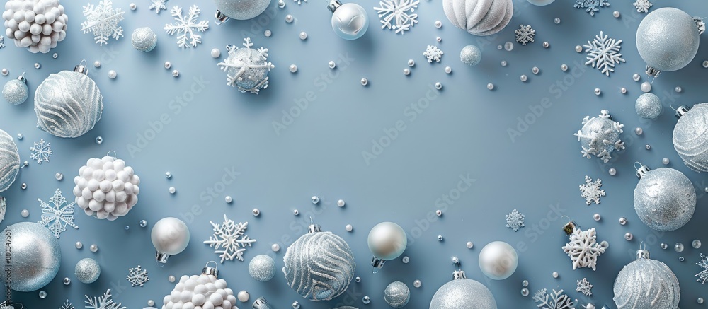 Aufkleber Top view of a blue grey background adorned with white Christmas ornaments leaving empty space for additional elements in the image