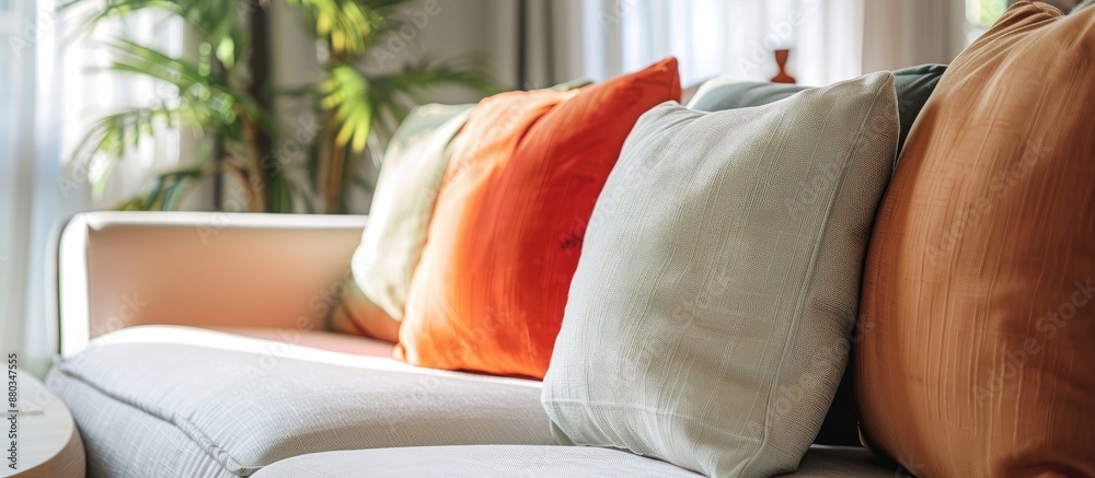 Poster close up image of a soft fabric pillow decoration on a beautiful sofa in a living room home design c