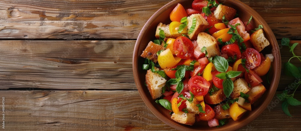 Poster top view image with copy space showcasing a traditional italian panzanella salad composed of tomatoe