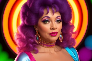 Obraz premium an image of a Colourful, 1970s closeup of a beautiful disco woman, 1970s fashion, retro, vintage, rainbow colors, stylish, retro hairstyle, Beauty, Glamour, Funky, Sequins,